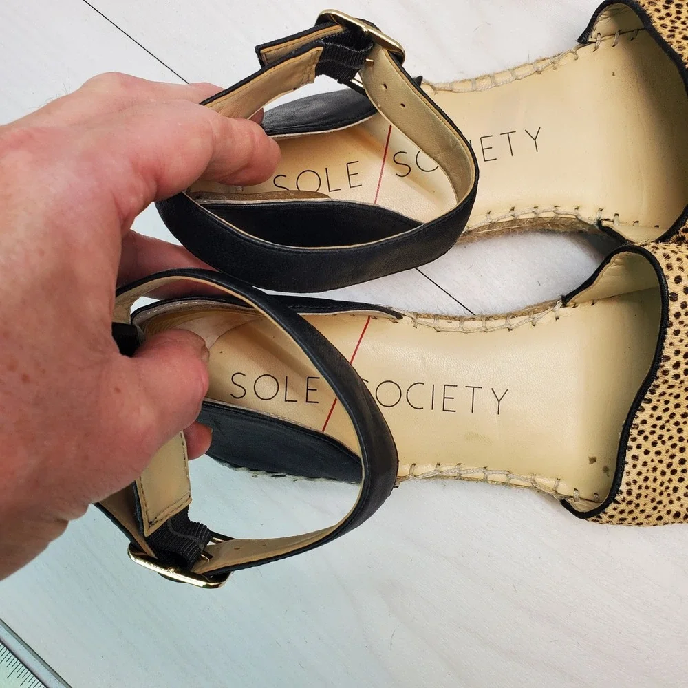 Sole Society Leopard Print Calf Hair‎ Espadrille Ankle Strap Flats Womens 9M 40